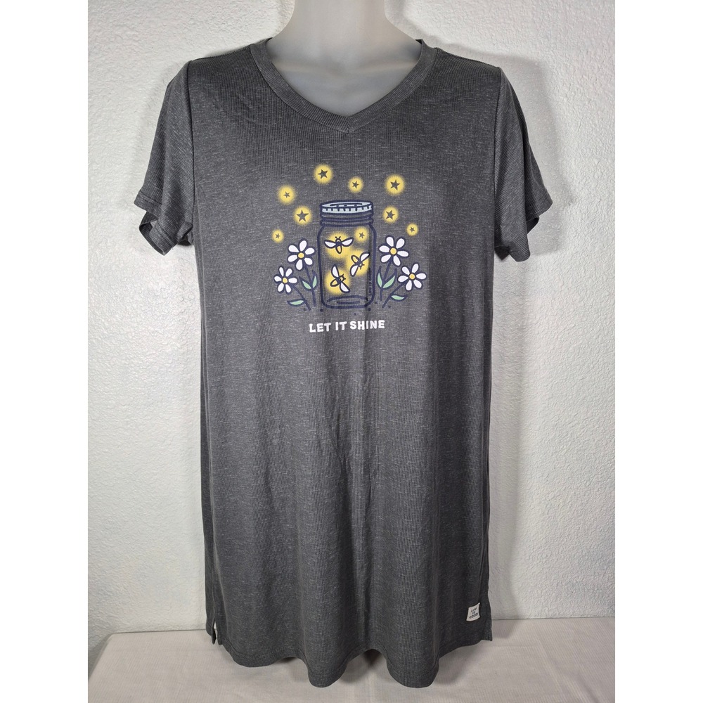 Life is Good Womens L Nightshirt Grey "Let It Shine" Firefly Jar Ribbed V-Neck